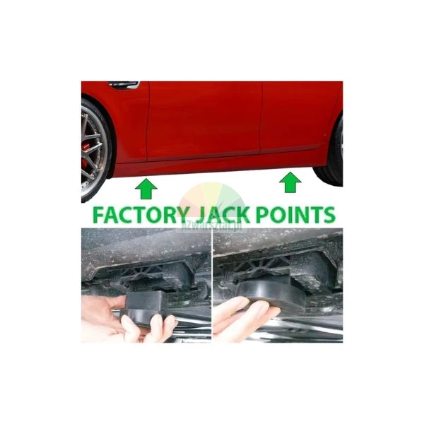 Diagramm der werkseitigen Wagenheberaufnahmen an einem roten Auto mit Detailfotos zur Montage eines Gummi-Wagenheberadapters am Unterboden