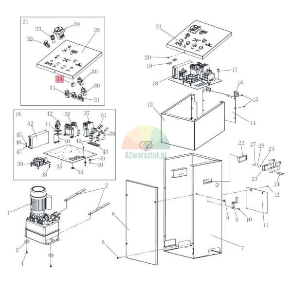 Technische Explosionszeichnung eines Schaltschranks und einer Hydraulikeinheit mit hervorgehobenem Bauteil Nummer 34 am Bedienfeld.