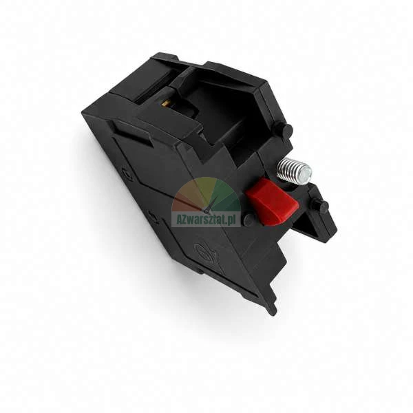 Schwarzes 3D-Drucker-Extruderteil aus Kunststoff mit rotem Element und Federschraube auf weißem Hintergrund.