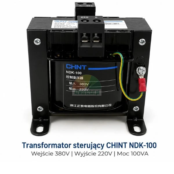 Schwarzer Steuertransformator CHINT NDK-100 100VA mit 380V Eingang und 220V Ausgang auf weißem Hintergrund