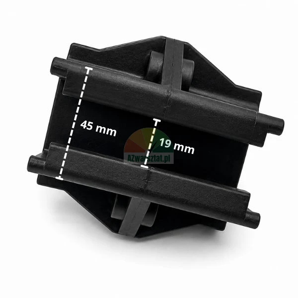Schwarzes Kunststoff-Befestigungselement mit bemaßten Abmessungen von 45 mm und 19 mm auf weißem Hintergrund.
