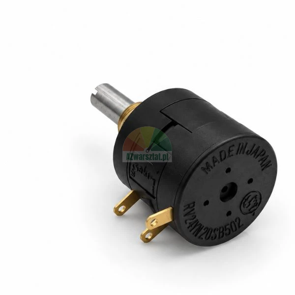 Schwarzes RV24YN-Drehpotentiometer mit Metallachse und vergoldeten Lötanschlüssen auf weißem Hintergrund.