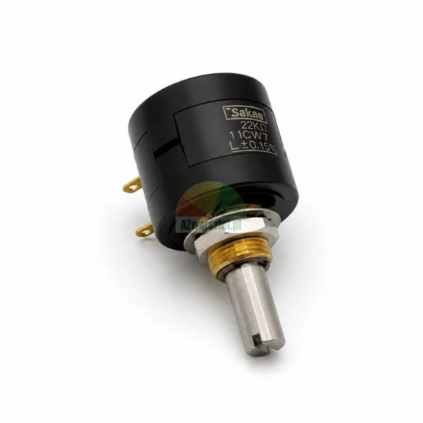 Sakae 22k Ohm Präzisions-Drehpotentiometer mit geschlitzter Metallachse und Messing-Gewindebuchse auf weißem Hintergrund.