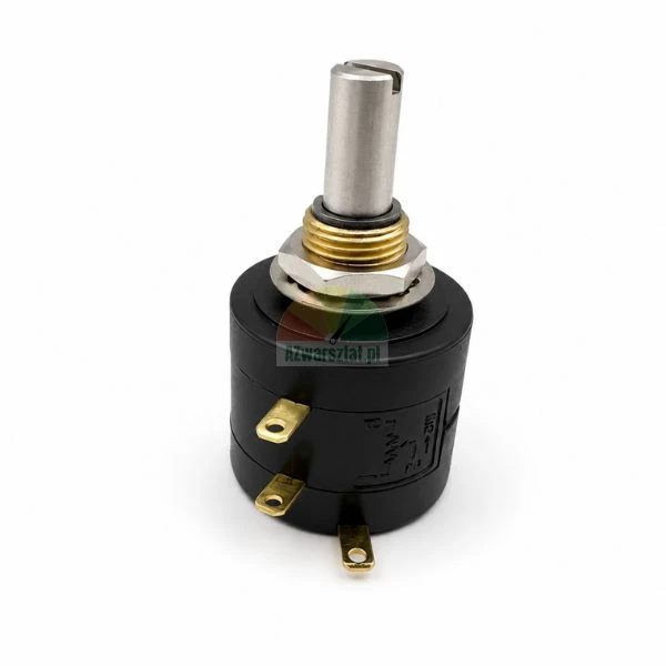 Drehpotentiometer mit geschlitzter Metallachse, Befestigungsmutter und drei Anschlüssen auf weißem Hintergrund.