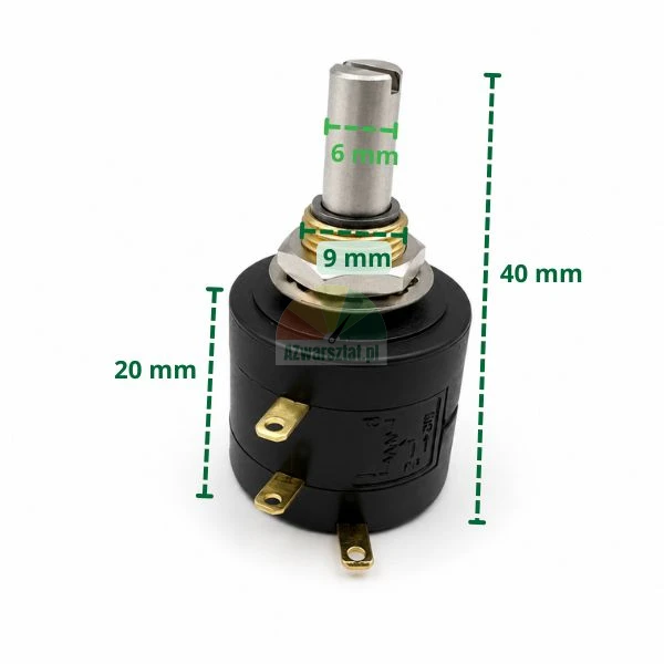 Schwarzes Drehpotentiometer mit 6 mm Metallschaft, 9 mm Gewindedurchmesser, 20 mm Gehäusehöhe und 40 mm Gesamthöhe.
