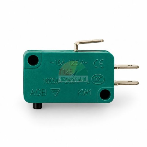 Grüner Mikroschalter KW1 16A 250V mit Metallhebel und Flachsteckern auf weißem Hintergrund