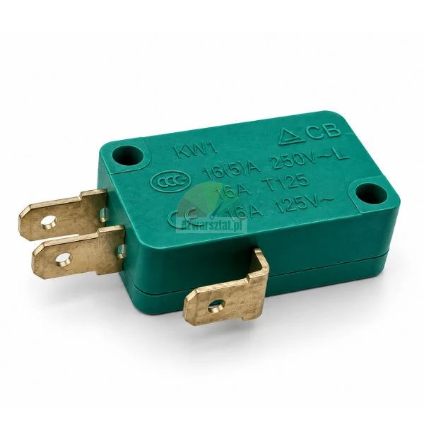 Grüner KW1 Mikroschalter 16A 250V mit drei Messinganschlüssen auf weißem Hintergrund