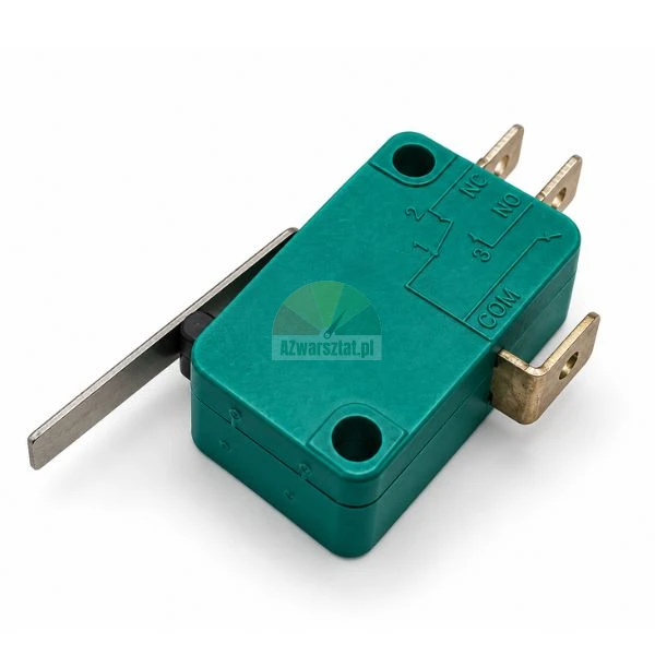 Grüner Mikroschalter mit Metallhebel und aufgedrucktem Schaltplan mit COM-, NO- und NC-Anschlüssen