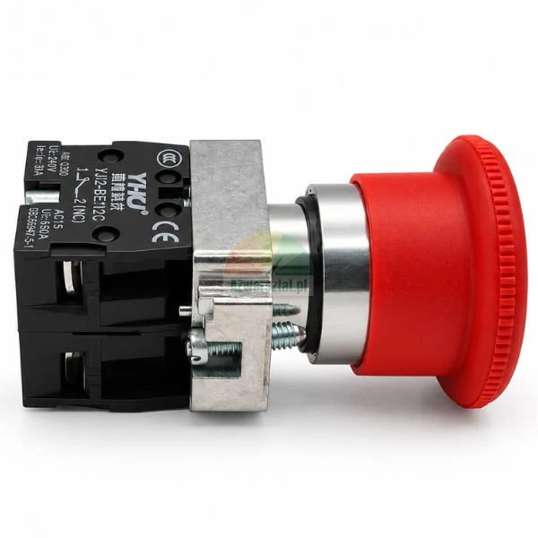 Industrieller roter Not-Aus-Pilztaster mit Schalterblock.