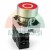 Roter industrieller Drucktaster mit O-Symbol und Kontaktblock auf weißem Hintergrund