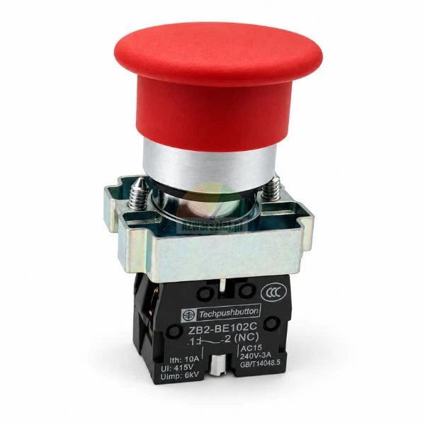 Roter Not-Aus-Pilztaster aus Metall 1NC Modell ZB2-BE102C auf weiMem Hintergrund