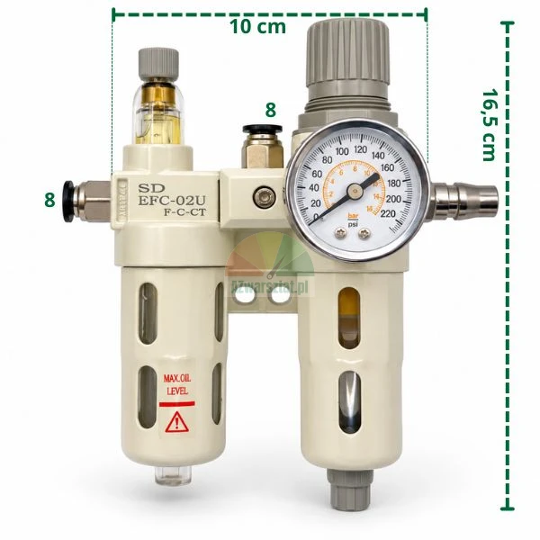 Komplette Druckluft-Wartungseinheit EFC-02U mit Manometer und Maßen
