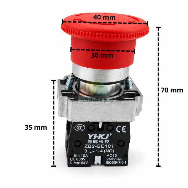 Roter Metall-Pilztaster 1xNO mit Abmessungen