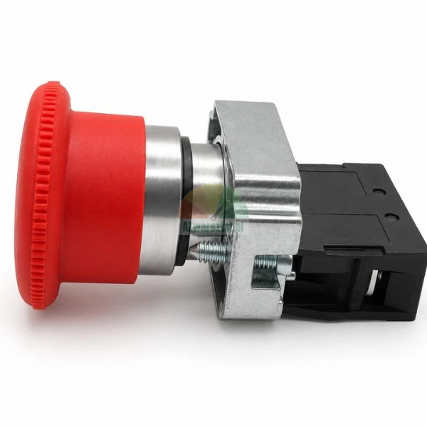 Roter Not-Aus-Pilztaster mit Metallbefestigung und Schaltblock in der Seitenansicht.