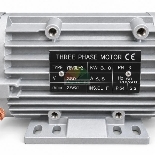 Typenschild eines Drehstrom-Elektromotors YS90L-2 mit 3.0 kW Leistung auf einem gerippten Aluminiumgehäuse