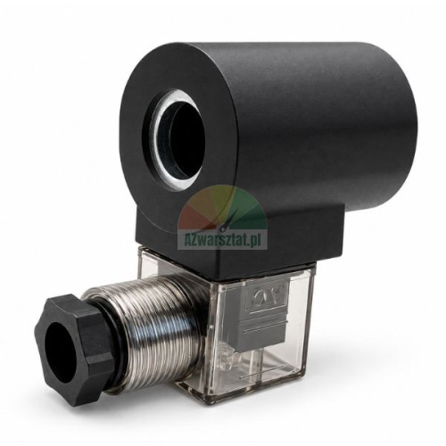 Schwarze Magnetspule 16mm 220V AC mit transparentem DIN-Gerätestecker und Metall-Kabelverschraubung auf weißem Hintergrund