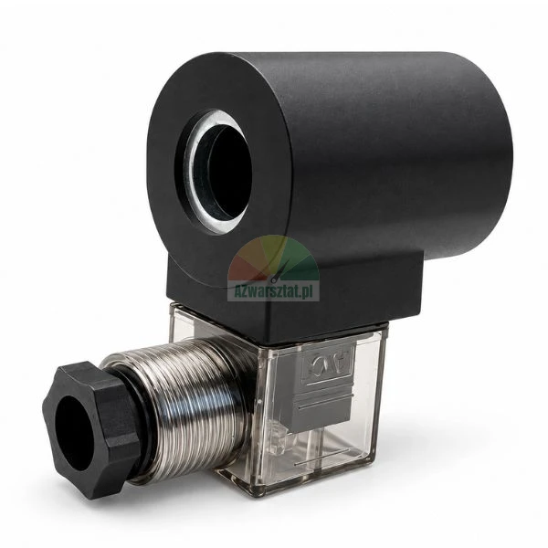 Schwarze Magnetspule 16mm 220V AC mit transparentem DIN-Gerätestecker und Metall-Kabelverschraubung auf weißem Hintergrund