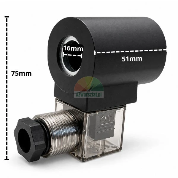 Schwarze Magnetspule 16mm 220V AC mit Stecker und Abmessungen
