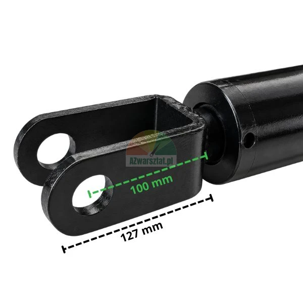Schwarze Gabelbefestigung eines Hydraulikzylinders mit Bemaßungen von 100 mm und 127 mm.