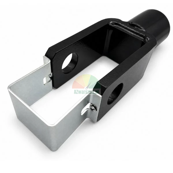 Schwarzer Gabelkopf-Adapter aus Stahl mit silbernem Sicherungsbügel auf weißem Hintergrund