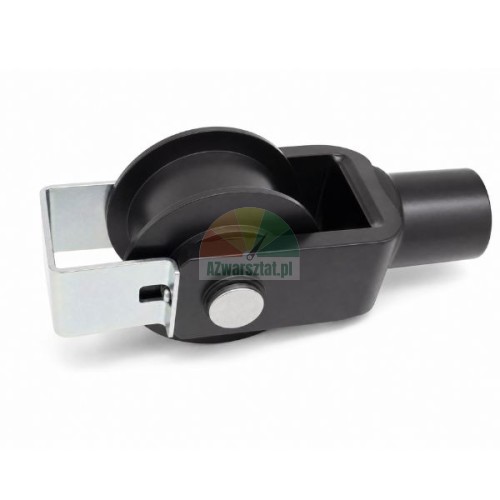Schwarze Kettenrolle für Zweisäulen-Hebebühne mit Halterung 38 mm vor weißem Hintergrund