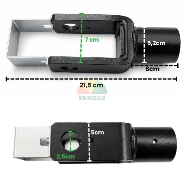 Anhängerkupplungsadapter aus Metall aus zwei Winkeln mit technischen Maßen: Gesamtlänge 21,5 cm, Innenbreite 7 cm, Lochdurchmesser 2,5 cm.