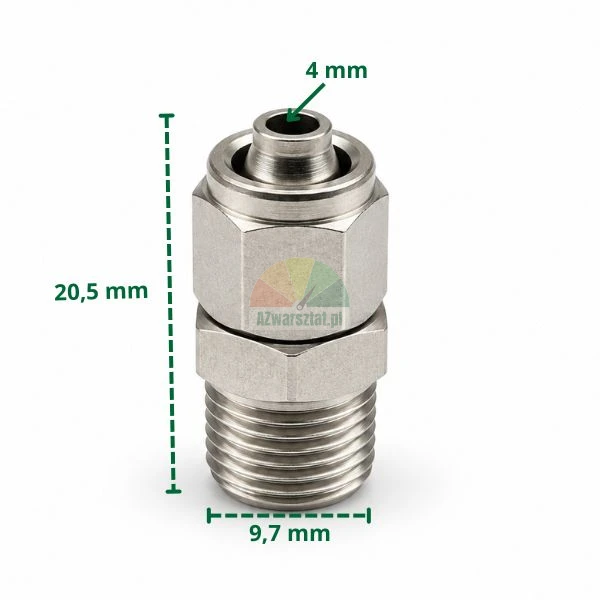 Gerade Steckverschraubung aus Metall für 4 mm Schlauch und 9,7 mm Gewinde mit Abmessungen