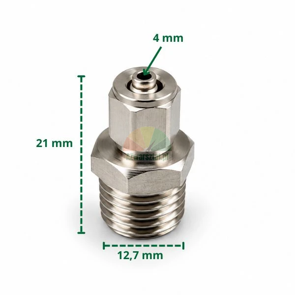 Metall-Steckverbinder für 4 mm Schlauch mit 12,7 mm Gewinde und Maßen.
